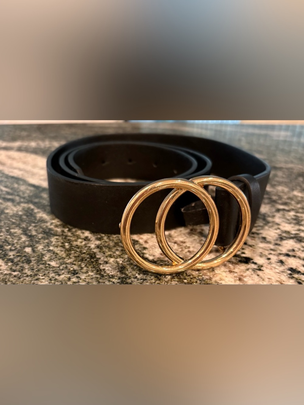 Black Leather Belt with Gold Double-Ring Buckle - Women